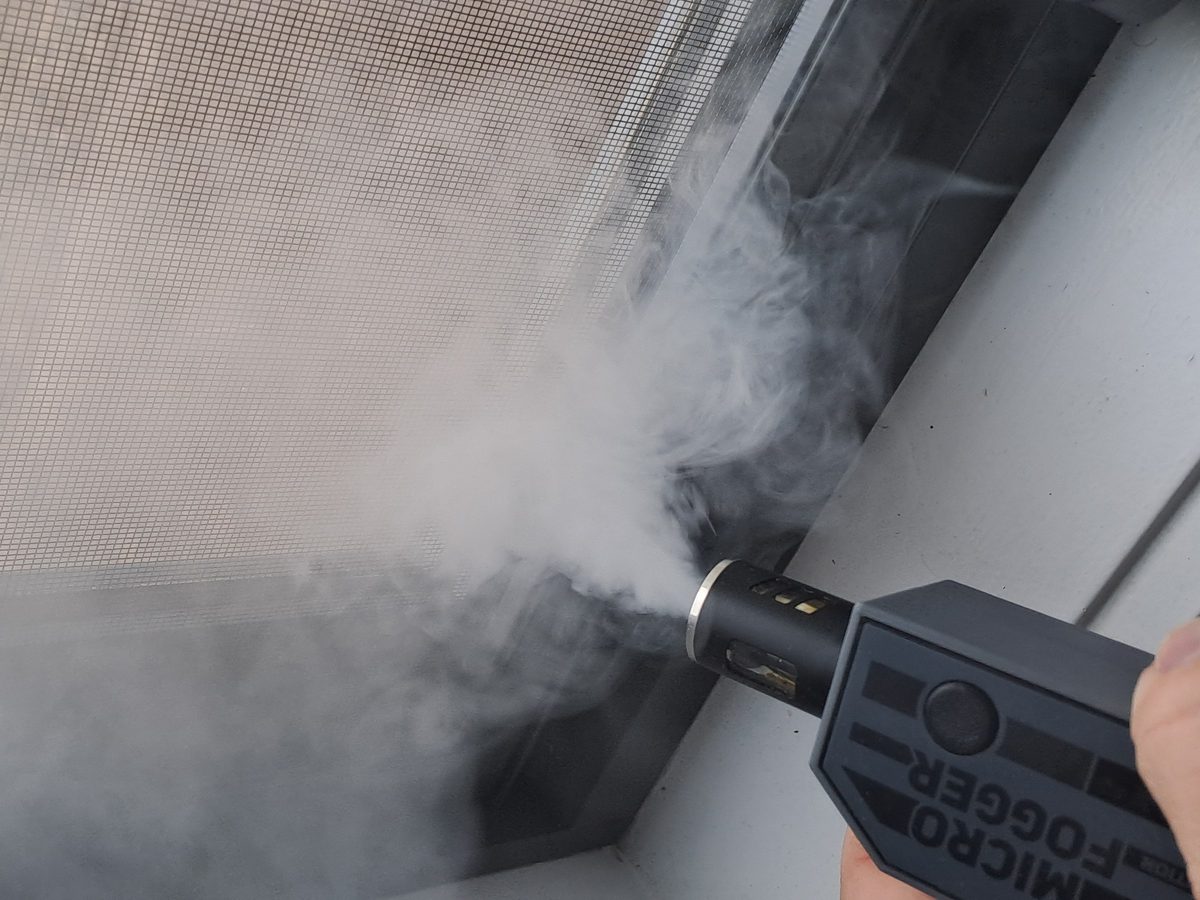 Micro Fogger used to detect air leaks around a window frame during an airtightness test